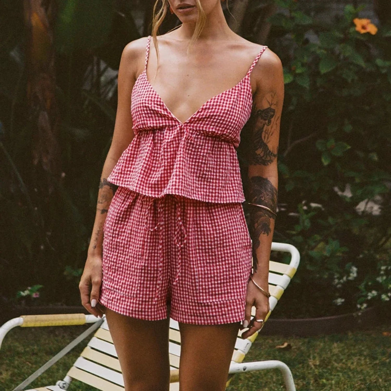 Plaid V Neck Backless Tie-Up Camis Elastic Waist Shorts Two Pieces Set twopiecesset-250126