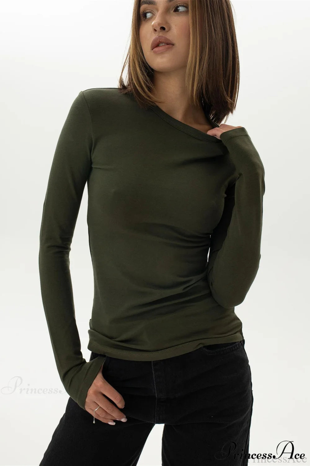 Plain Classic Solid Crew Slim Slim Crew Neck Long Sleeve Tee Green / S