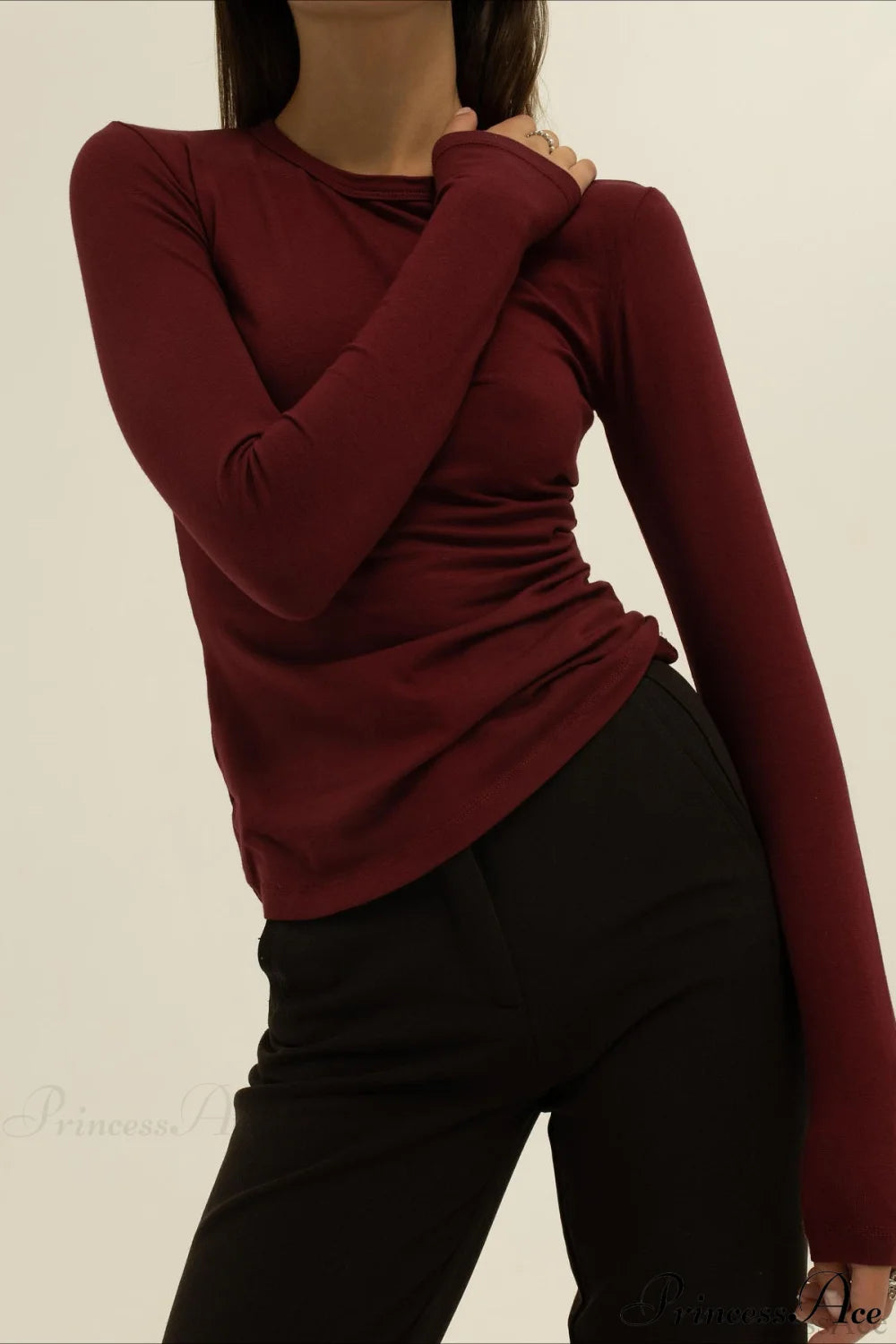 Plain Classic Solid Crew Slim Slim Crew Neck Long Sleeve Tee Red / S