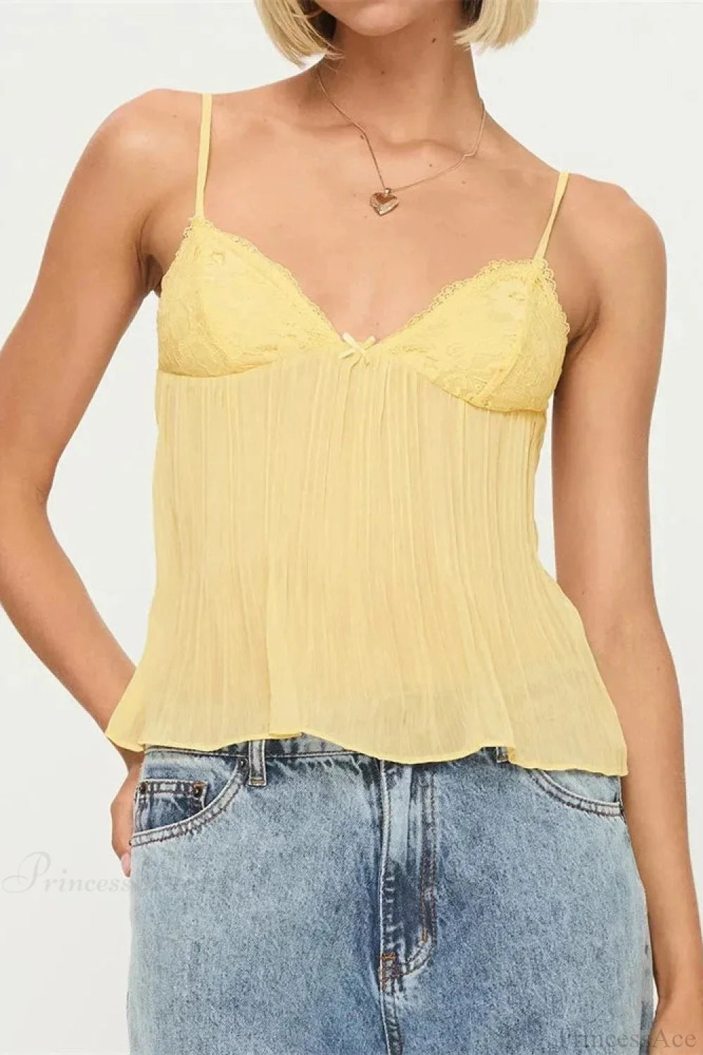 Pleated Bowknot Lace See-through Crop Top YELLOW / S croptop-250126