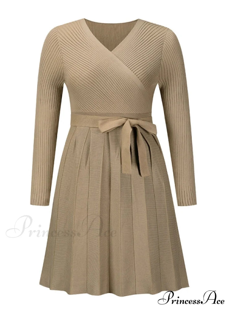 Pleated Knit Short Dress With V Neck S / Apricot Dresses