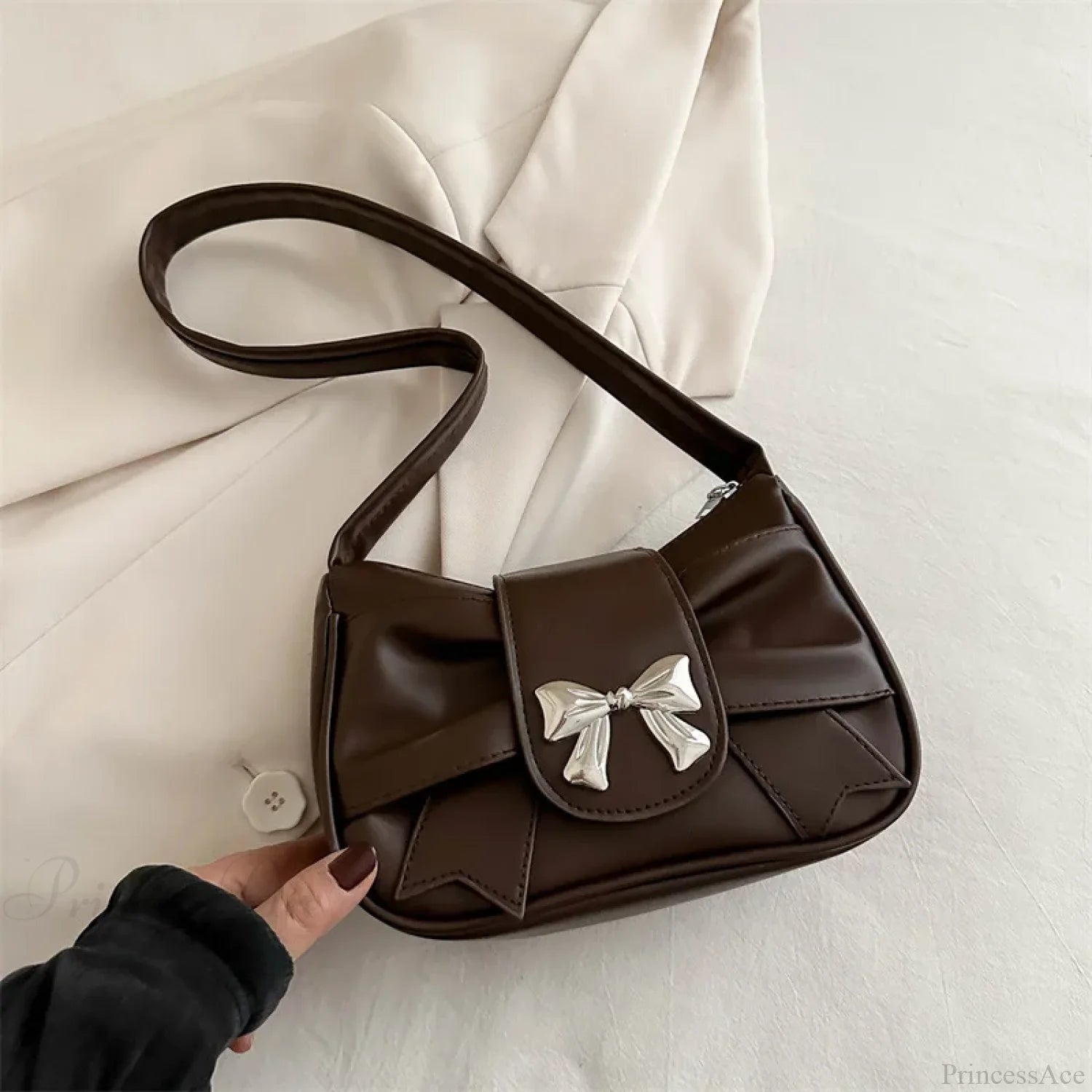 Pleated Korean Bow Shoulder Bag for Women Brown shoulder-250126