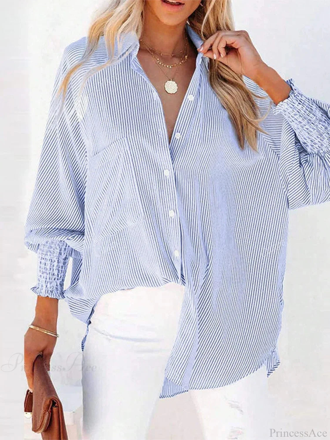 Pleated Lapel Neck Lantern Sleeve Blouse Blue / S blouse-250126