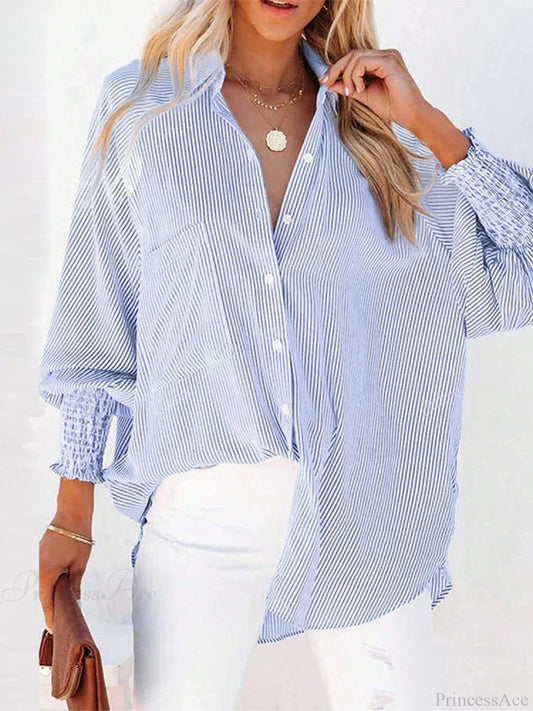 Pleated Lapel Neck Lantern Sleeve Blouse Blue / S blouse-250126