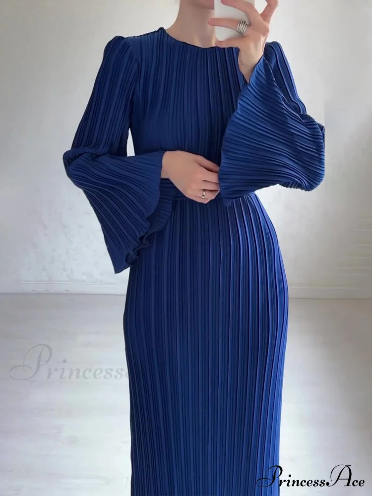 Pleated Ruffle Crew Neck Long Sleeve Casual Dress S / Blue Gray Long Sleeve Dress