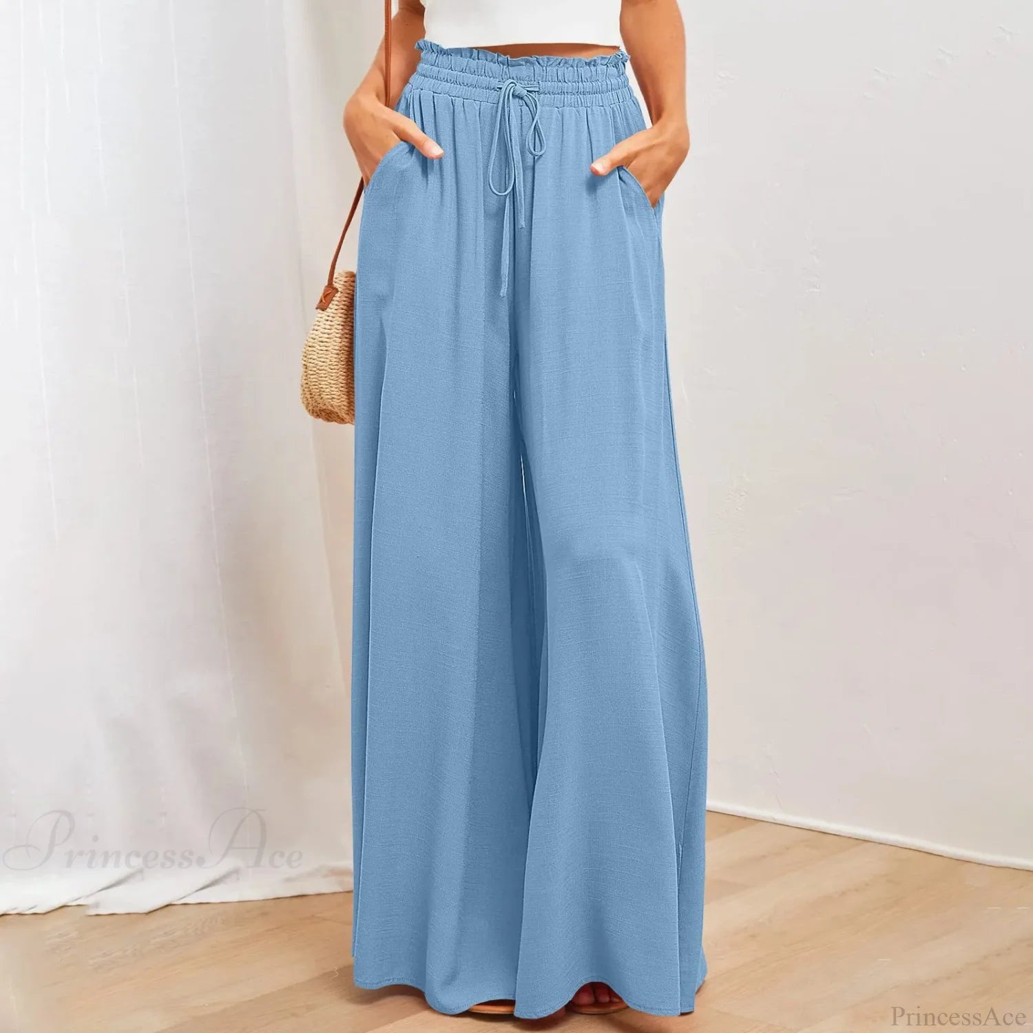 Pleated Solid Wide Leg Culotte Pants Blue / S