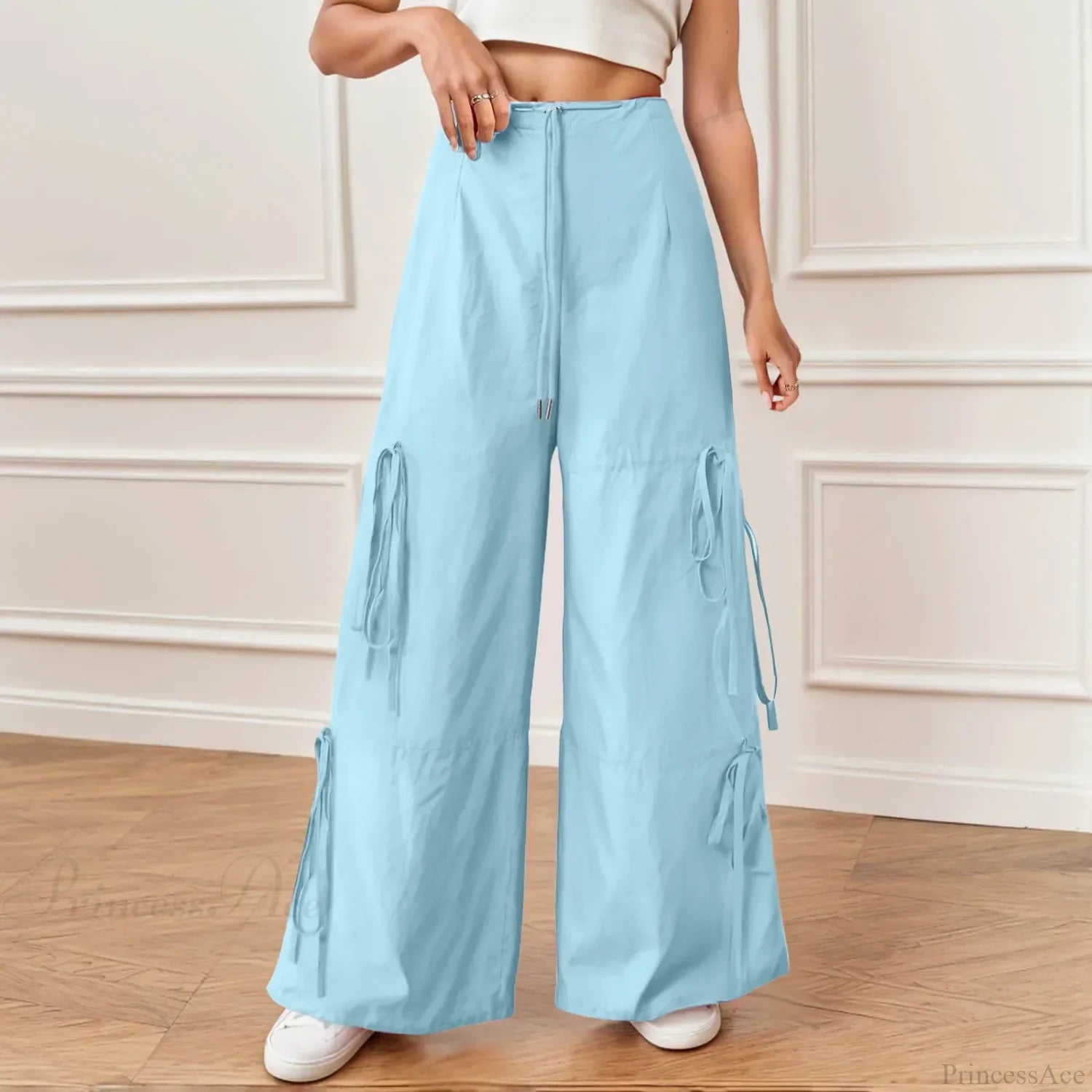 Pleated Wide Leg Sports Bow Tie Pants Blue / S