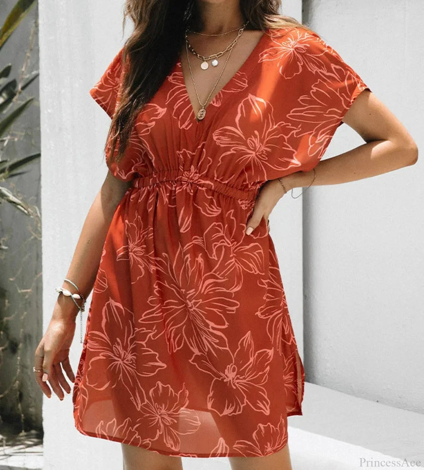 Plunge Neck Elastic Waist Bikini Cover Up red / S