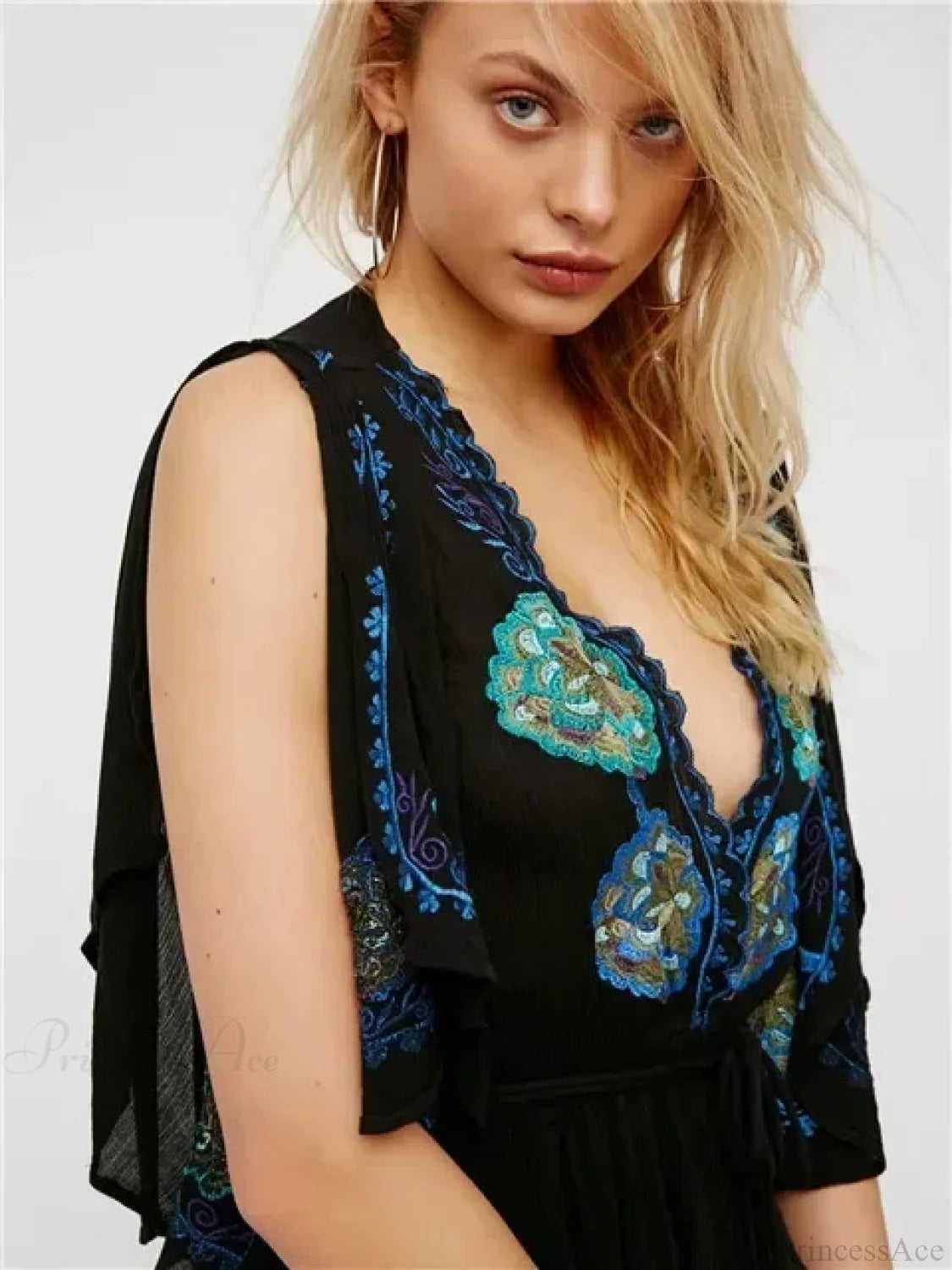 Plus Size Button Up Chiffon Holiday Boho Dress Black / S bohodress-250126