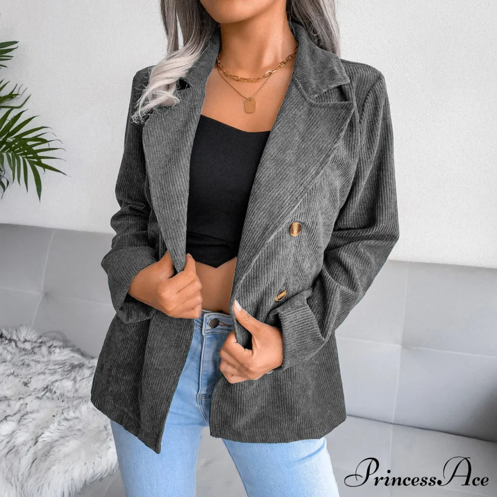 Plus Size Double Breasted Corduroy Long Sleeve Work Office Boyfriend Blazer Chic Stylish Elegant