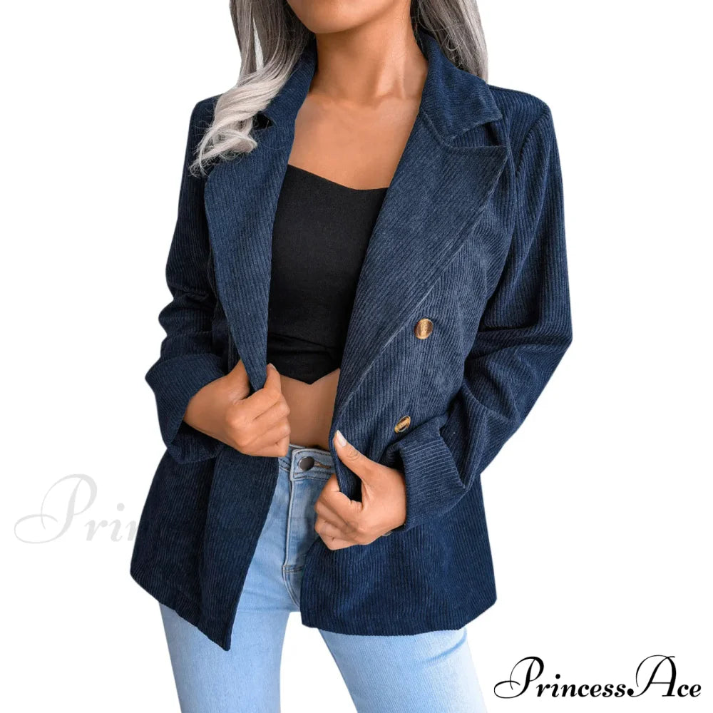 Plus Size Double Breasted Corduroy Long Sleeve Work Office Boyfriend Blazer Chic Stylish Elegant