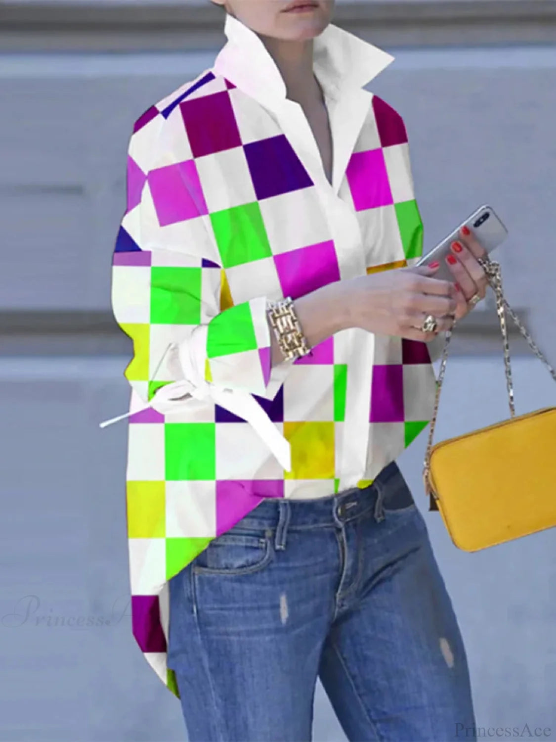 Plus Size Patchwork Plaid Turn-down Collar Blouse blouse-250126