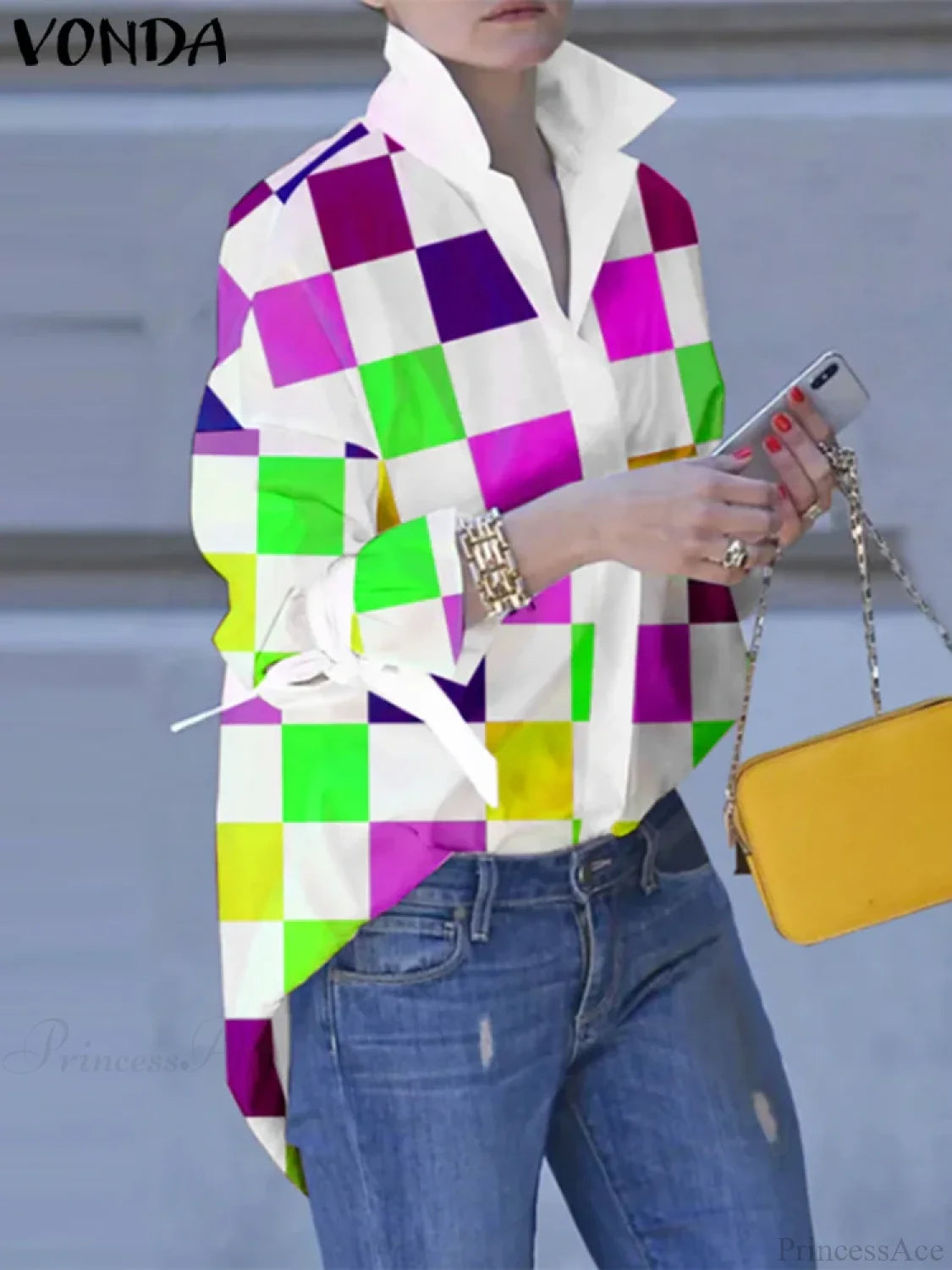 Plus Size Patchwork Plaid Turn-down Collar Blouse Green / 0XL blouse-250126