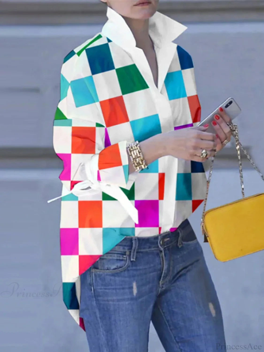 Plus Size Patchwork Plaid Turn-down Collar Blouse Orange / 0XL blouse-250126