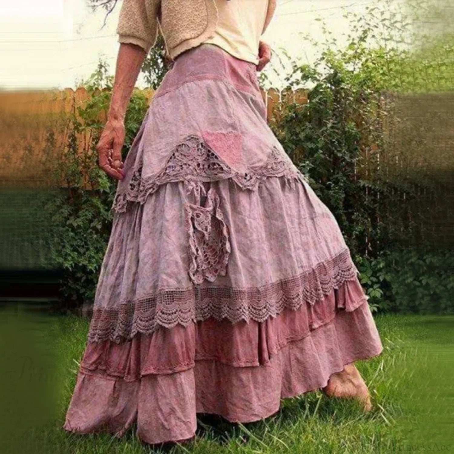 Plus Size Women’s Summer Vintage Ruffles Oversized Lace Maxi Skirts Pink / S skirt-250126