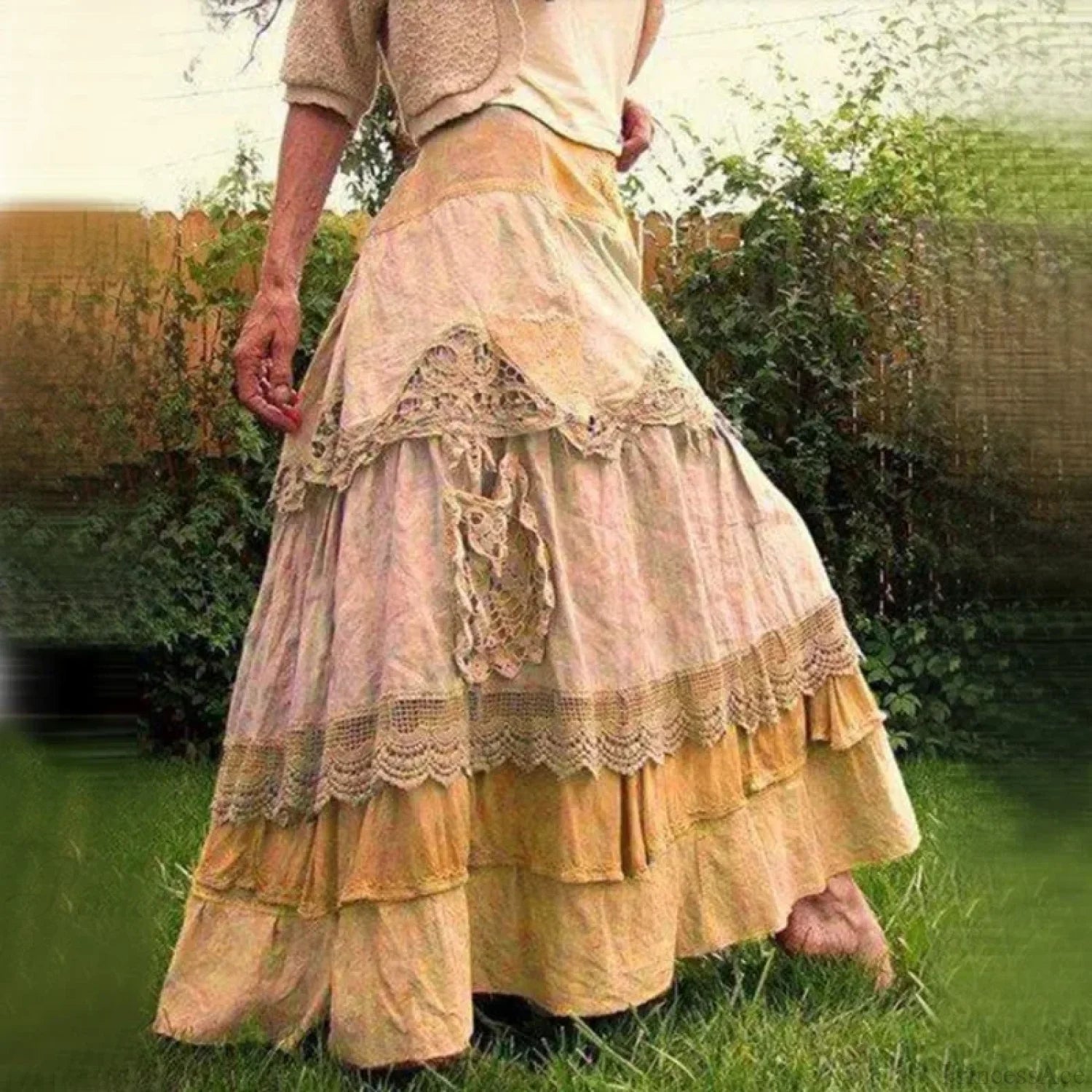 Plus Size Women’s Summer Vintage Ruffles Oversized Lace Maxi Skirts Yellow / S skirt-250126