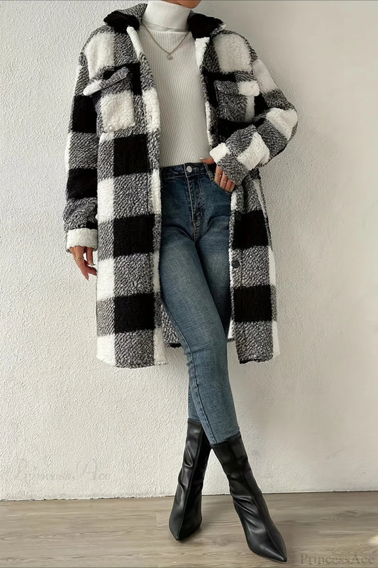 Plush Plaid Button Front Wide Lapel Relaxed Overcoat