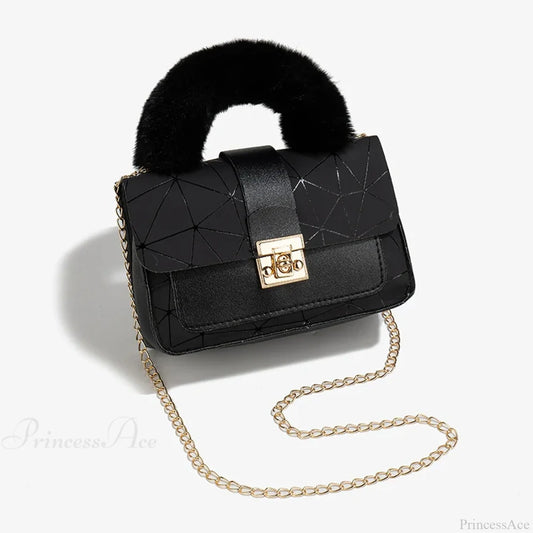 Plush Small Square Printed Messenger Handbag Black handbag-250126