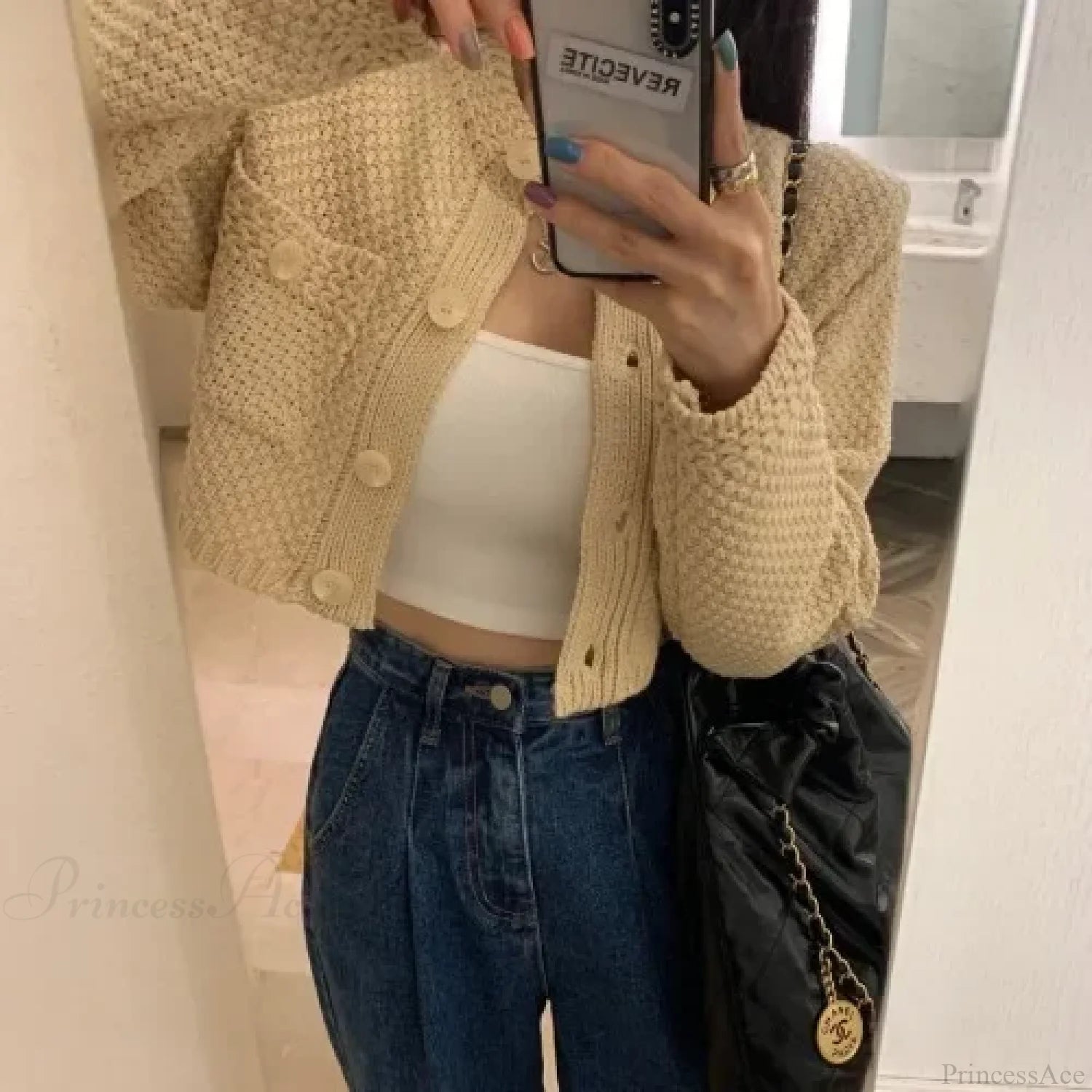 Pocket Cropped Solid O-Neck Knit Cardigan Apricot / One Size cardiagn-250126