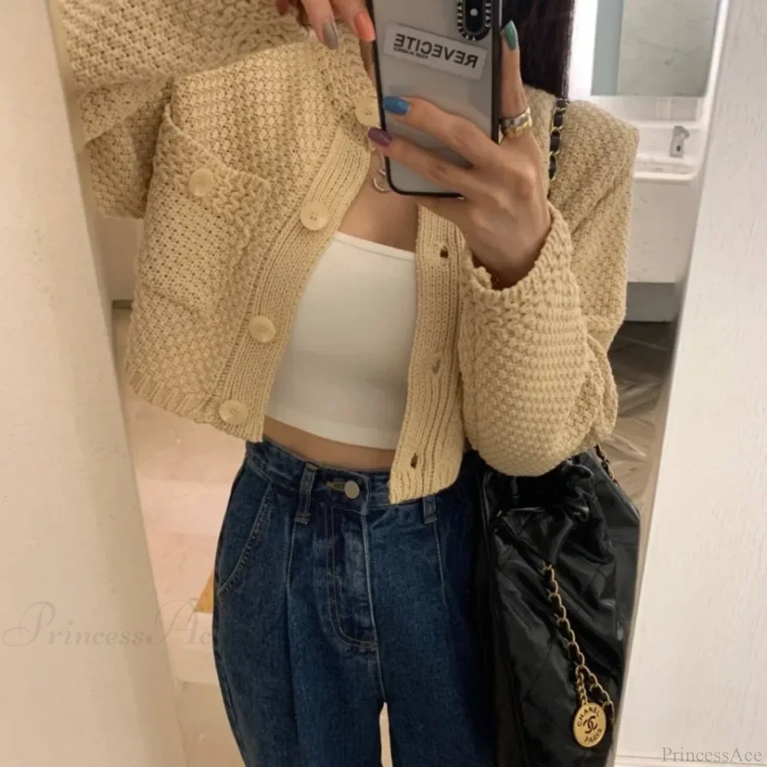 Pocket Cropped Solid O-Neck Knit Cardigan cardiagn-250126