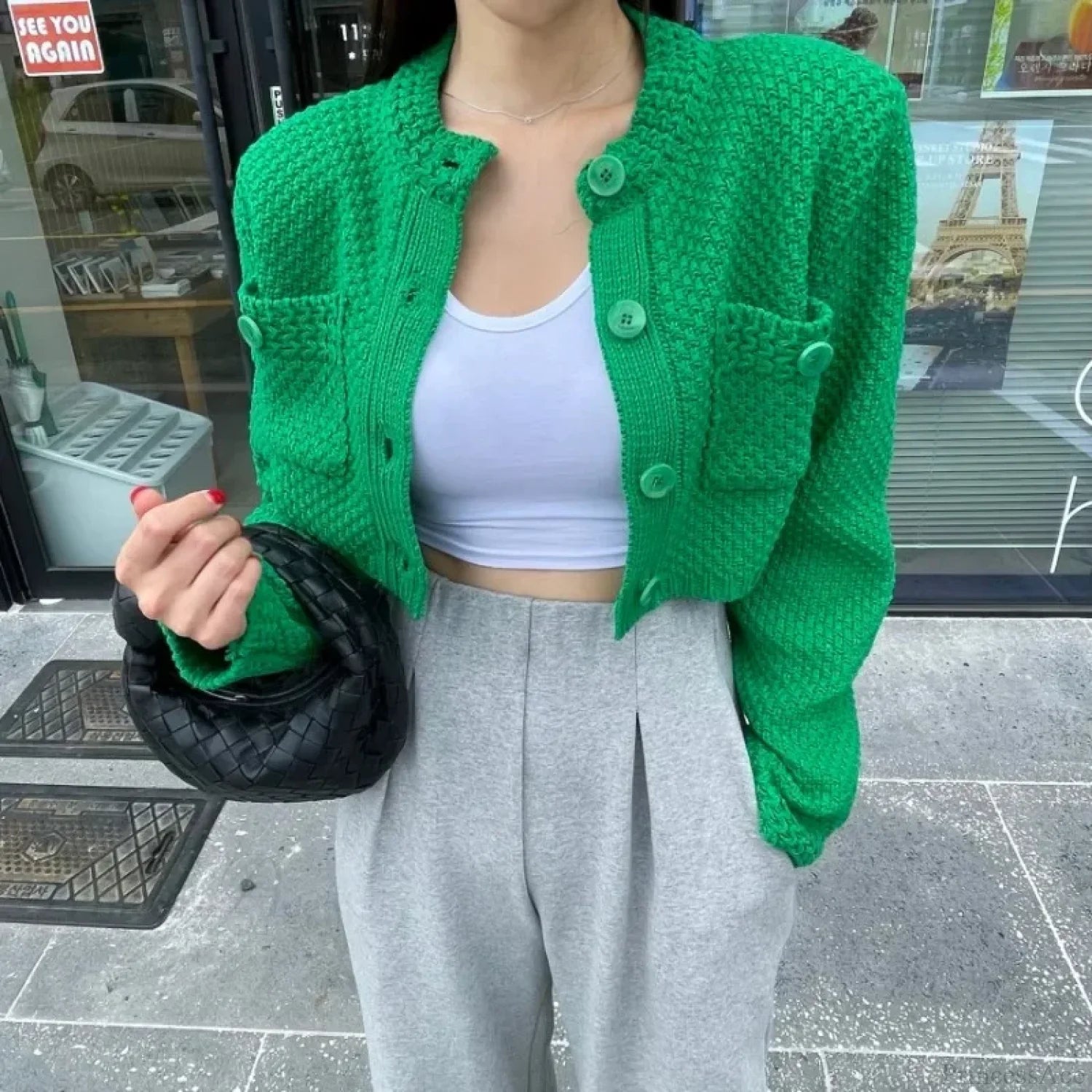 Pocket Cropped Solid O-Neck Knit Cardigan cardiagn-250126