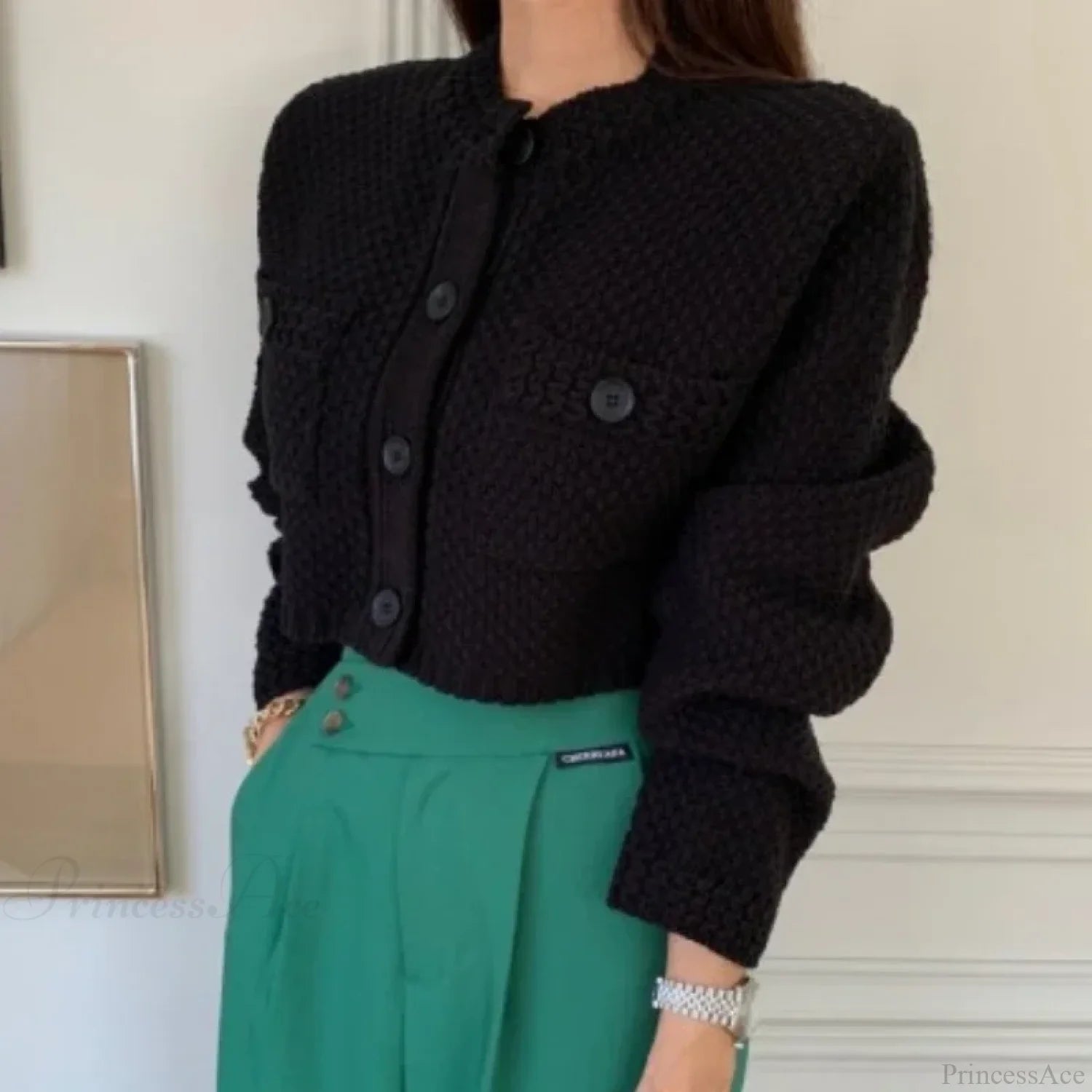 Pocket Cropped Solid O-Neck Knit Cardigan cardiagn-250126