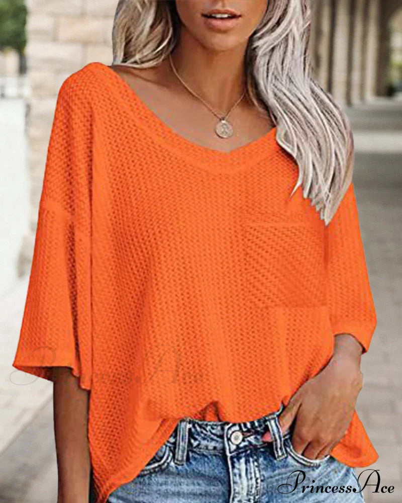 V neck pocket short sleeve t-shirt Orange 23BF clothes Short Sleeve Tops Summer T-shirts Tops/Blouses