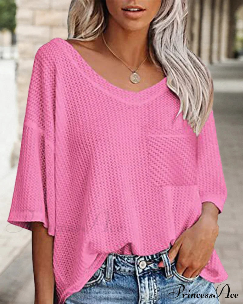 V neck pocket short sleeve t-shirt Pink 23BF clothes Short Sleeve Tops Summer T-shirts Tops/Blouses