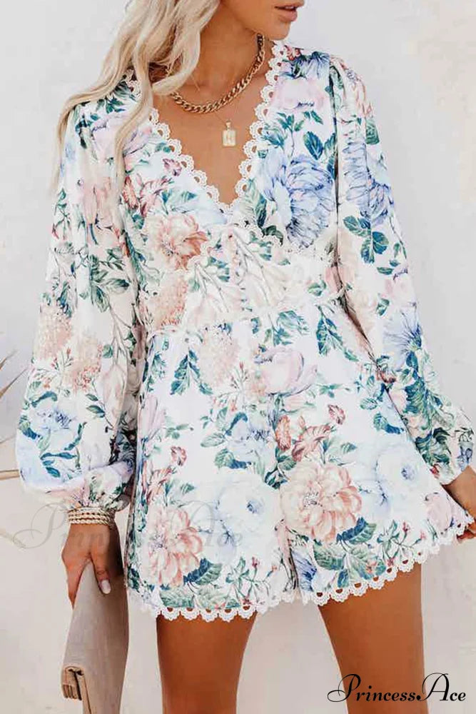 Pocketed Floral Crochet Rompers White / Xl