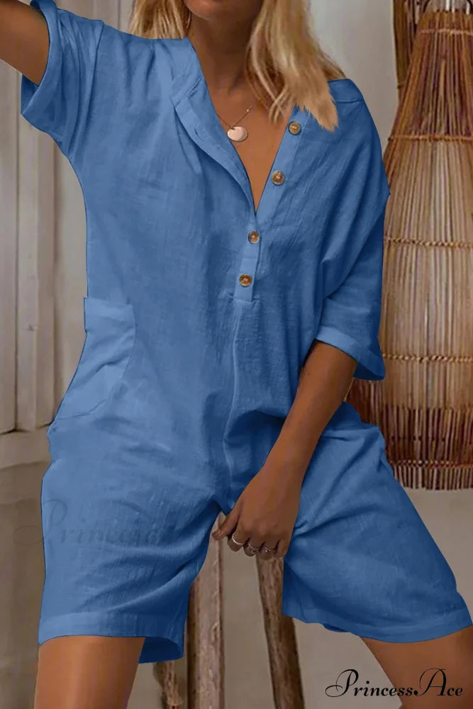 Pocketed Loose Rompers Blue / S