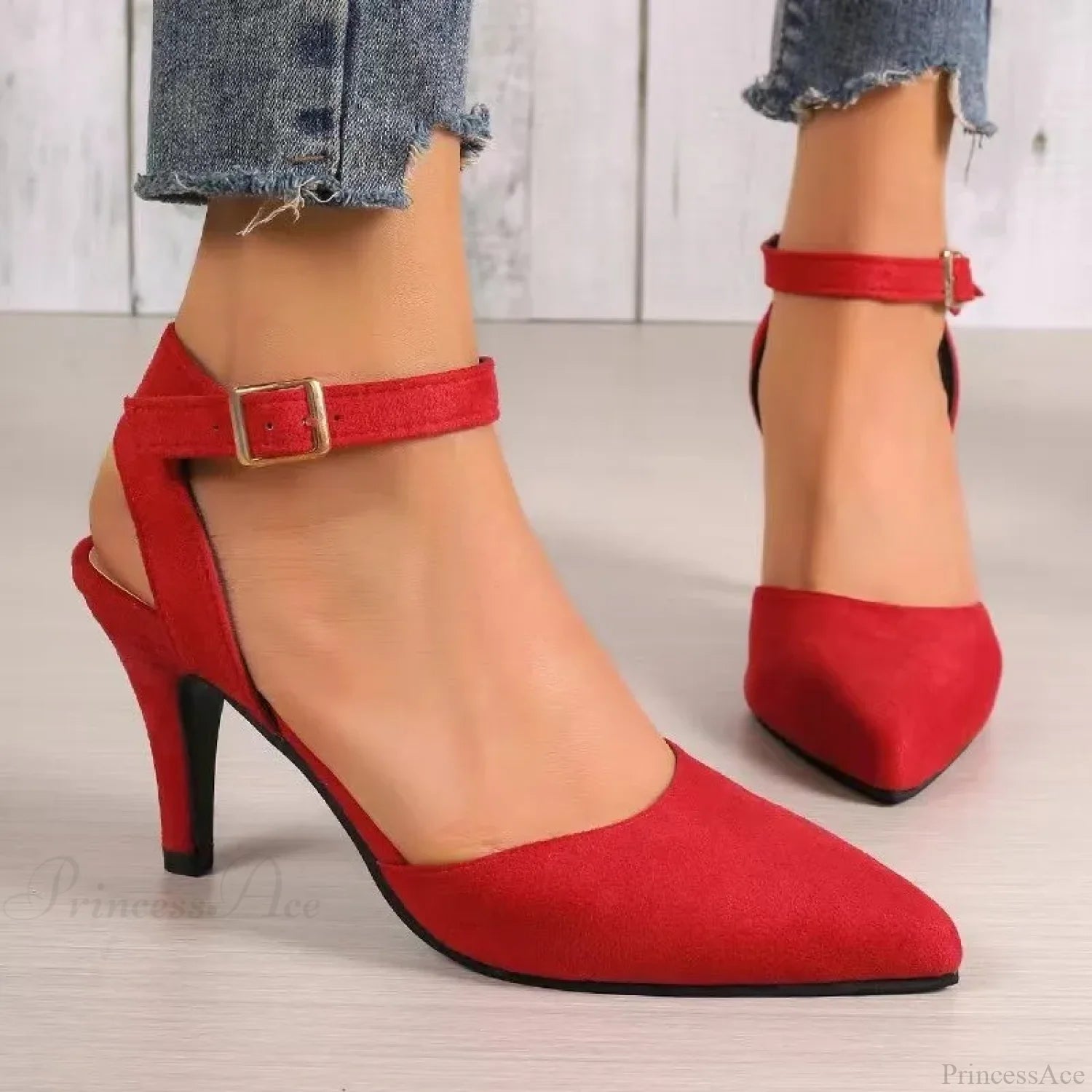 Pointed Wrap Hollow Out Ankle Strap Dating Office Sandals Low Heel Pump Red / 36