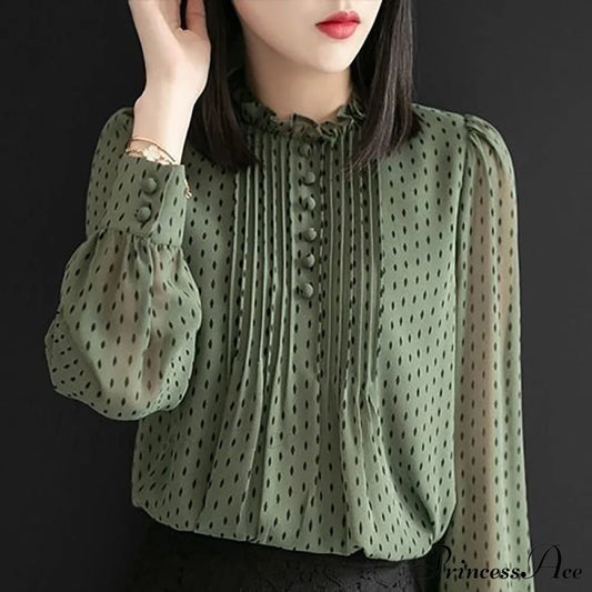 Polka Blouse Spring With Women’s Chiffon Dot Autumn Print Green / S