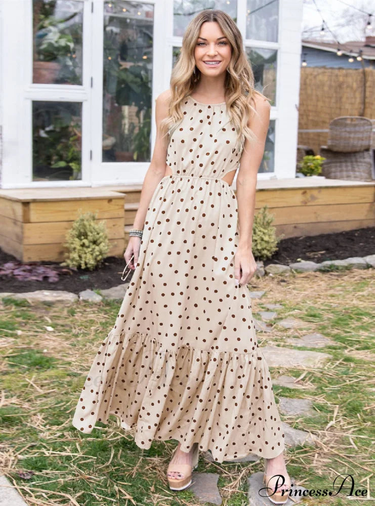 Polka Dot Backless Strap Dress S / Beige Dresses