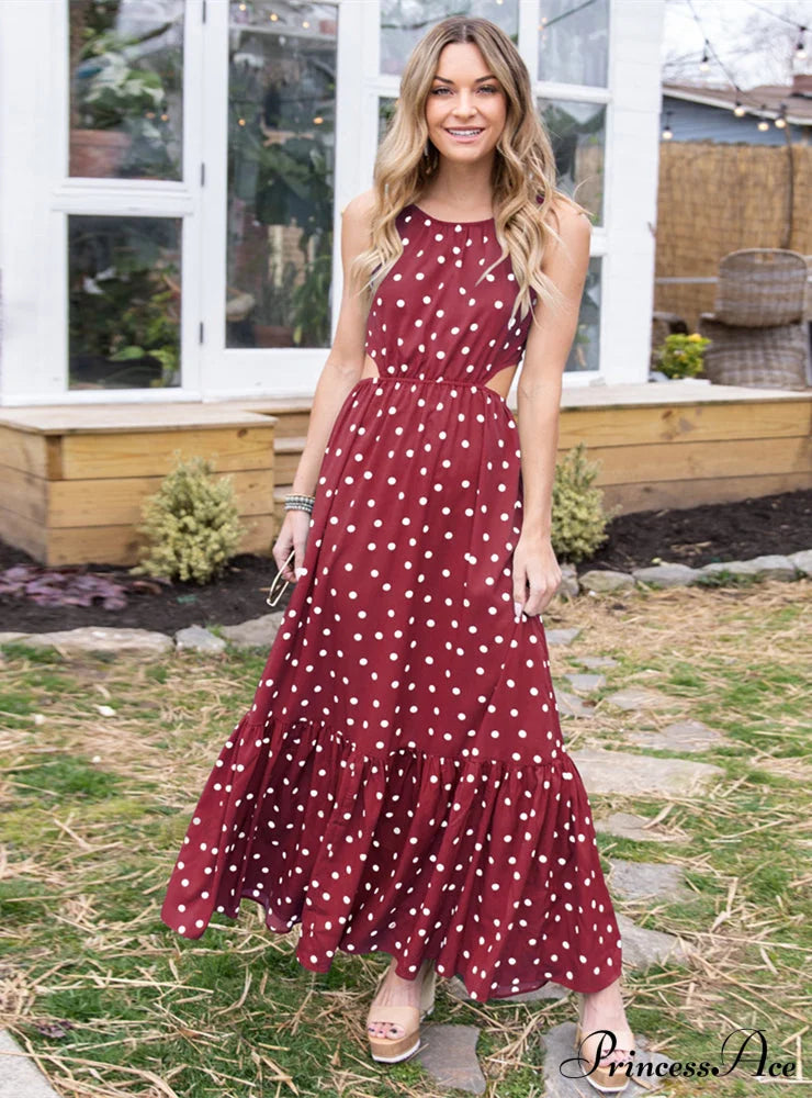 Polka Dot Backless Strap Dress S / Burgundy Dresses