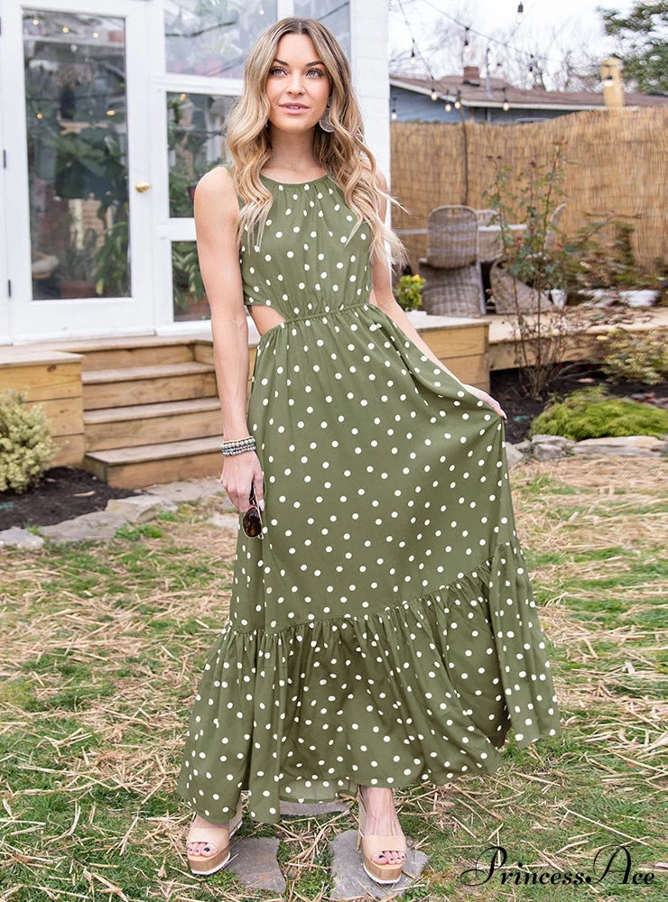 Polka Dot Backless Strap Dress S / Green Dresses