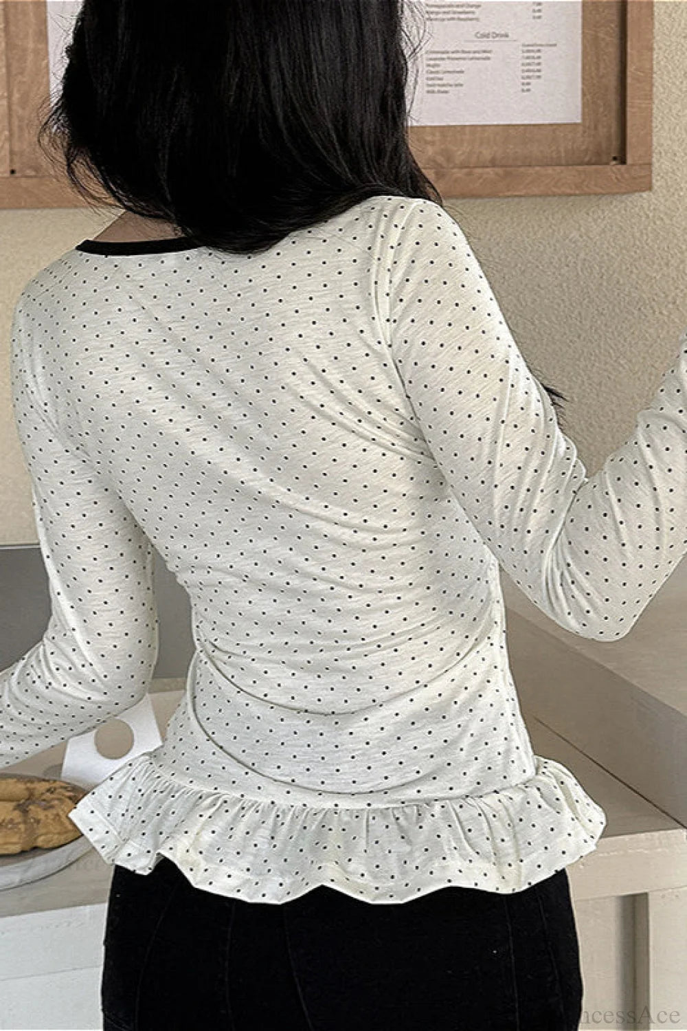 Polka Dot Bow Front Ruffle Fitted Long Sleeve Tee