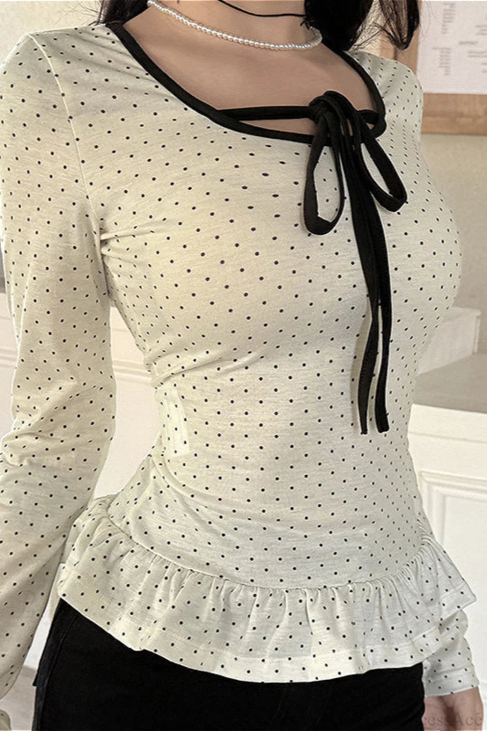 Polka Dot Bow Front Ruffle Fitted Long Sleeve Tee