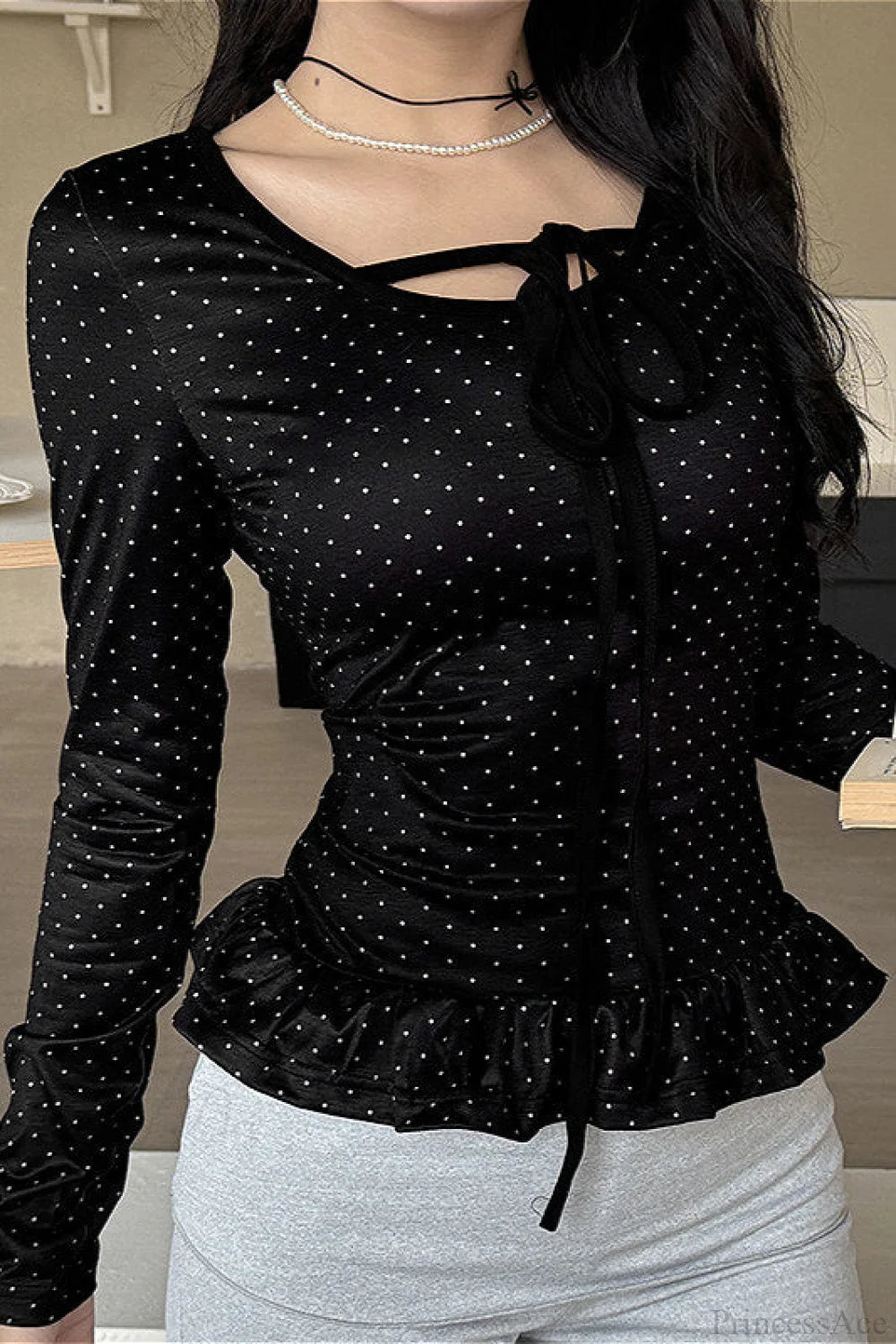 Polka Dot Bow Front Ruffle Fitted Long Sleeve Tee Black / S