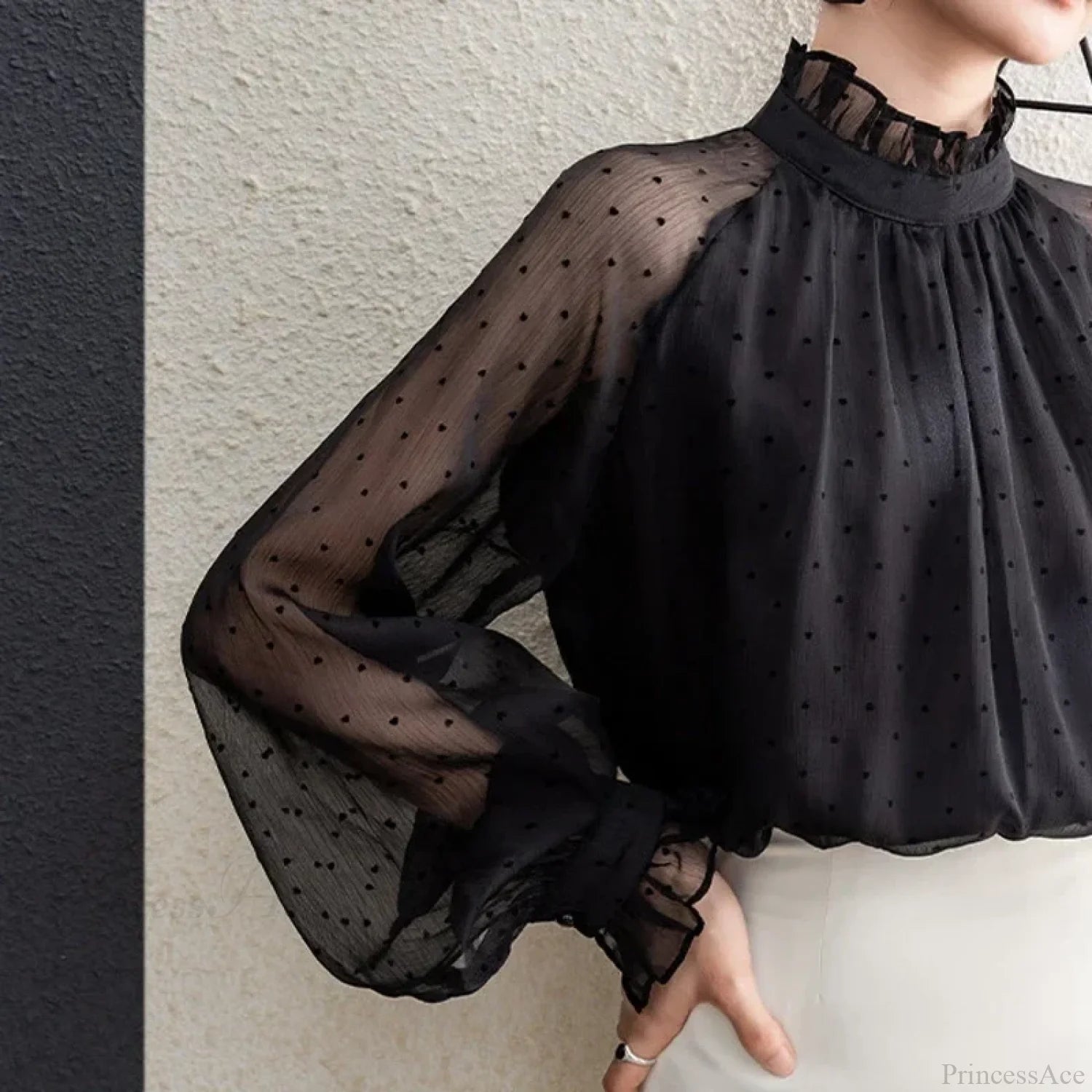 Polka Dot Chiffon Stand Collar Autumn Blouse blouse-250126