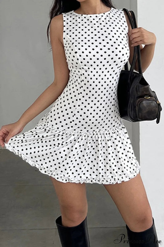 Polka Dot Lace-Trim Bodycon Mini Dress White / S