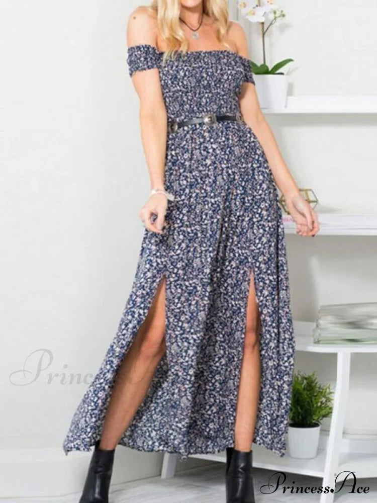 Polka-Dot Off Shoulder Maxi Dress With Side Split S / Red Dresses