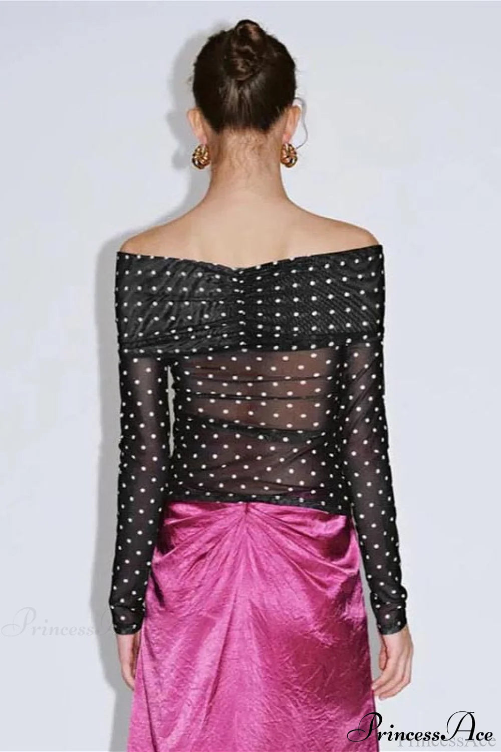 Polka Dot Off Shoulder Ruched Short Long Sleeve Tee