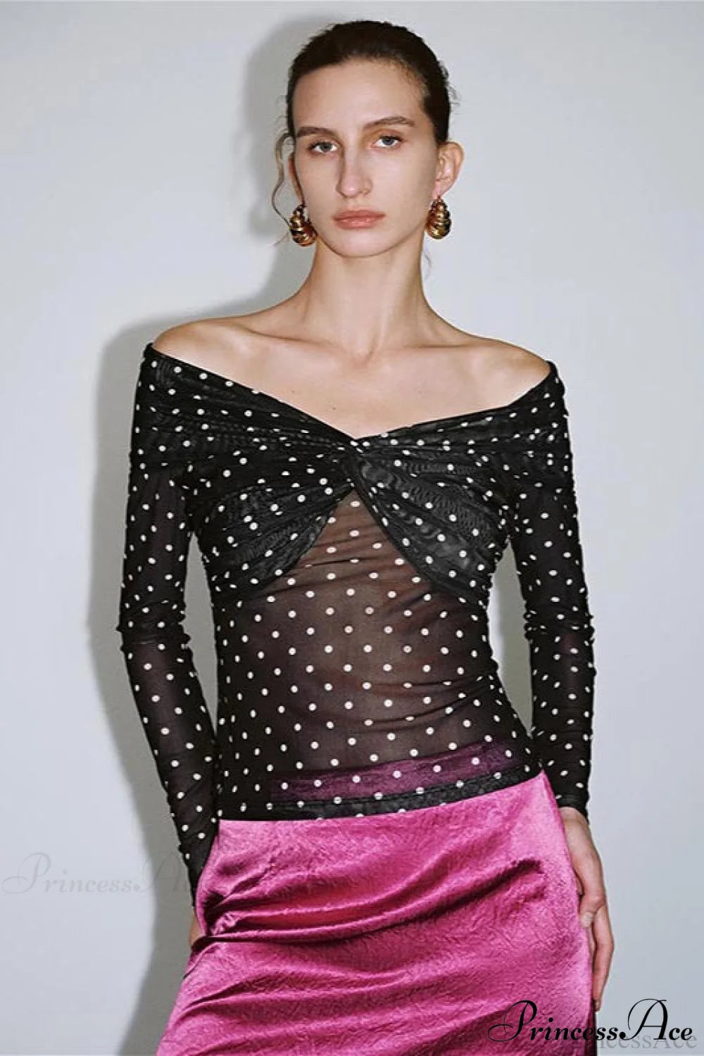 Polka Dot Off Shoulder Ruched Short Long Sleeve Tee Black / S