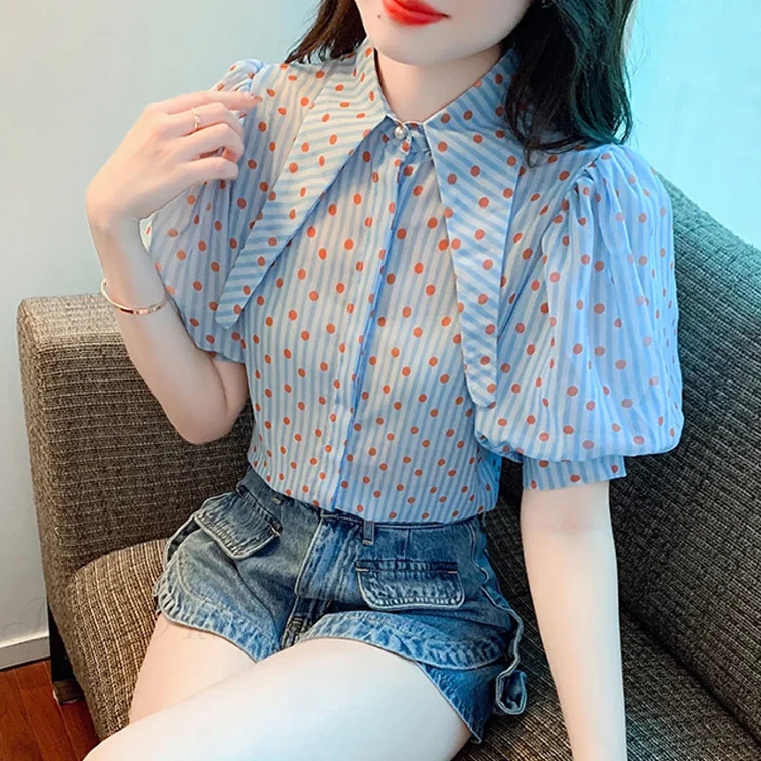 Polka Dot Print Elegant Loose Puff Sleeve Blouse blouse-250126