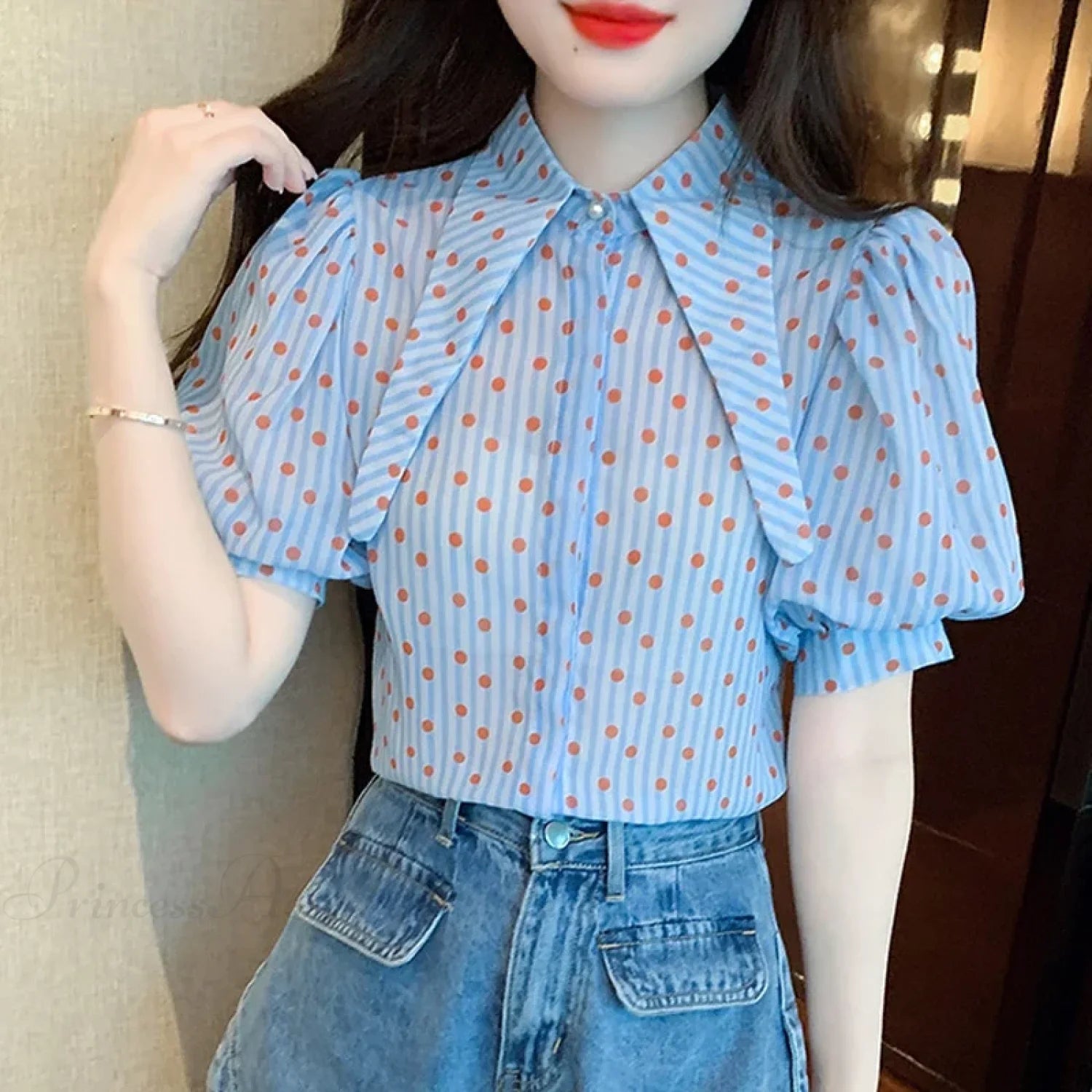 Polka Dot Print Elegant Loose Puff Sleeve Blouse blouse-250126