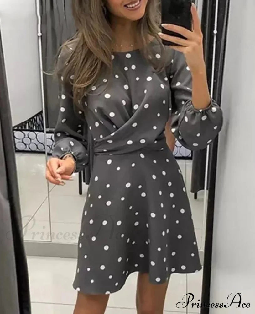 Polka Dot Printed Women’s Dress With O-Neck And Long Sleeves M / Black Dresses