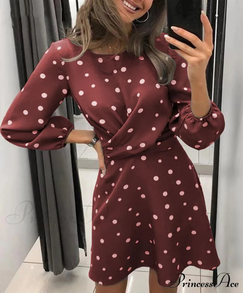 Polka Dot Printed Women’s Dress With O-Neck And Long Sleeves S / Burgundy Dresses