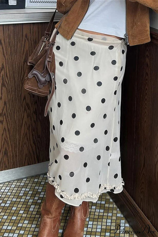 Polka Dot Satin High Waist A-Line Skirt