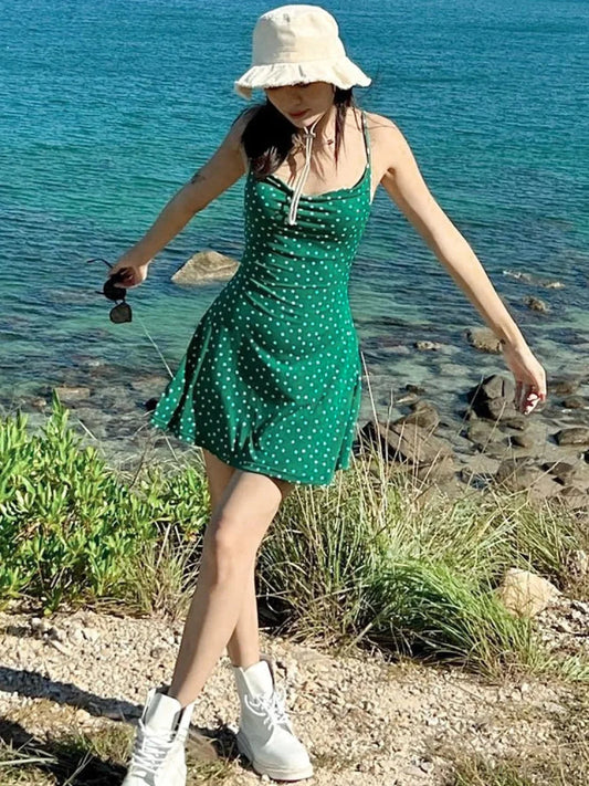 Polka Dot Spaghetti Strap Mini Dress Green / S minidress-250223