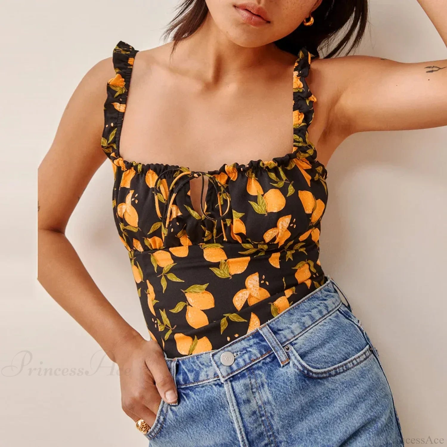 Polka Dot Square Neck Tie Sleeveless Frill Strap Smocked Fitted Sexy Crop Top BLACK / S croptop-250126